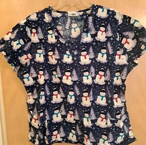 Life Womens Scrub Top Navy Blue‎ White XL  Winter Snowman V-Neck Short Sleeve